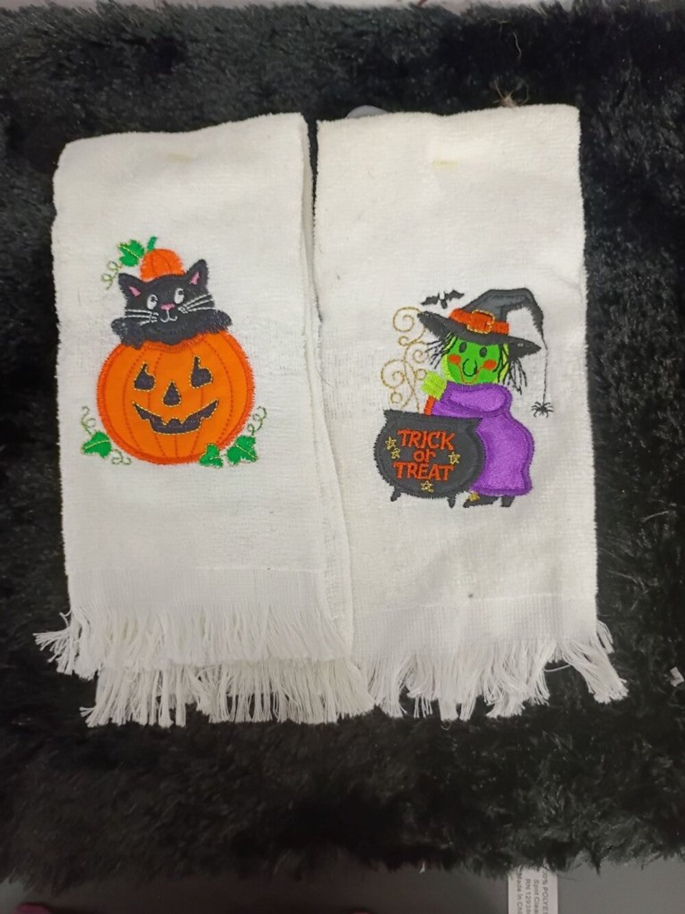 Serafina Home Halloween Embroidered Cotton Hand Towels With Black Cat & Witch De